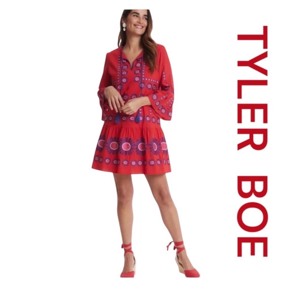 TYLER BOE FLAME EMBROIDERED HOLLY MINI DRESS IN RED